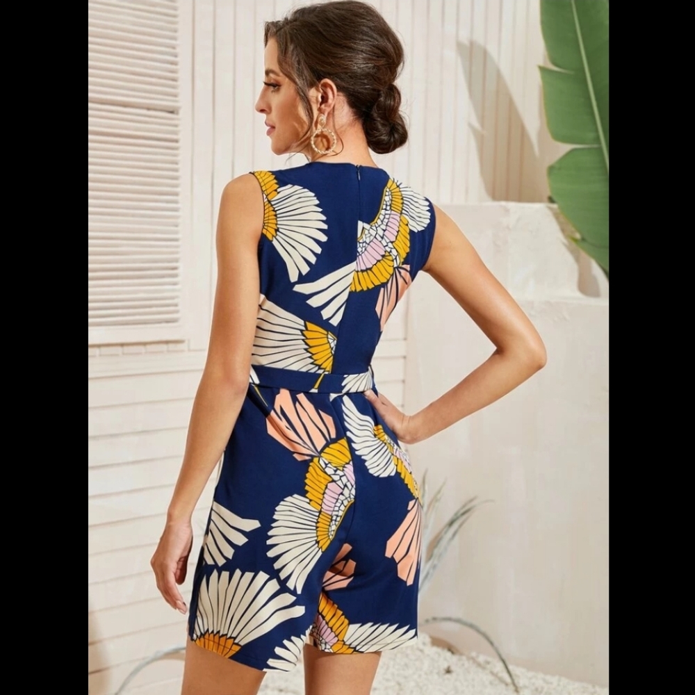 Navy Graphic Print Belted Sleeveless Romper - Picture 2 of 7